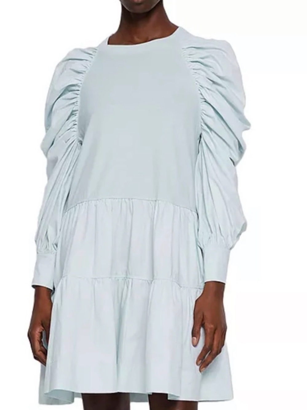 Jonathan Simkhai Puff Sleeve Tiered Dress Light Sky Blue Cotton Small USA Made